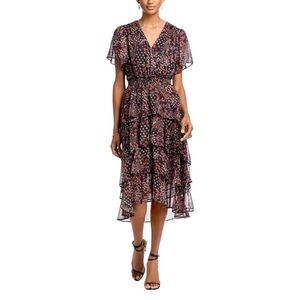 Koko + Mason Floral Tiered Midi Dress Smocked Waist Ruffle Multicolor L NWT
